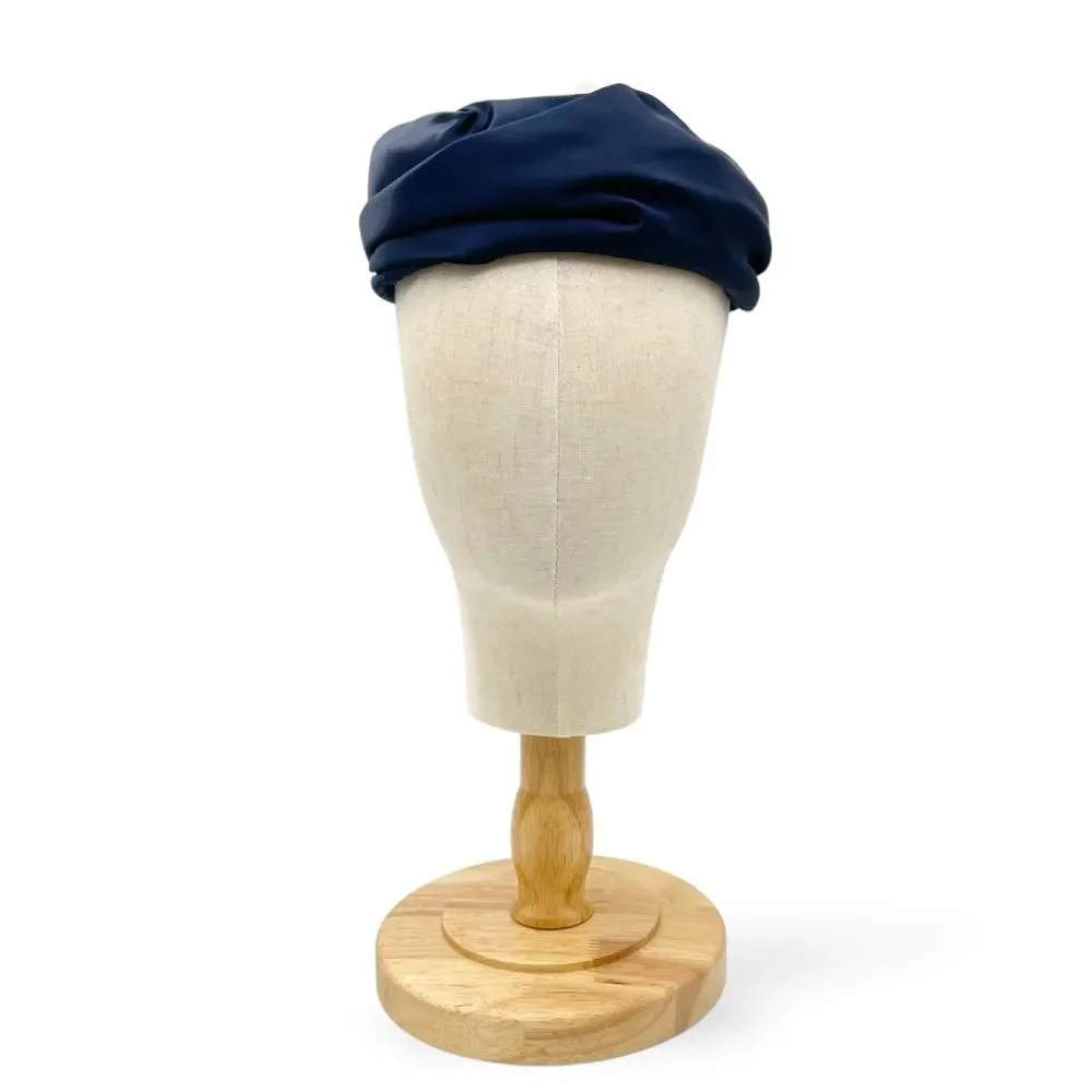 Vintage 1950s Navy Blue Hat Pink Flower Trim Size 22 1/2 Pillbox Fascinator - Picture 5 of 15